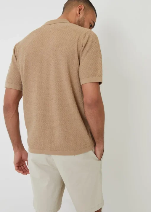 Threadbare Brown Textured Revere Collar Knitted Shirt