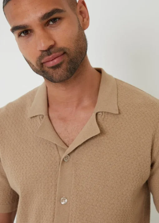 Threadbare Brown Textured Revere Collar Knitted Shirt