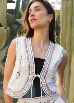 Threadbare Cream Embroidered Tie Front Waistcoat