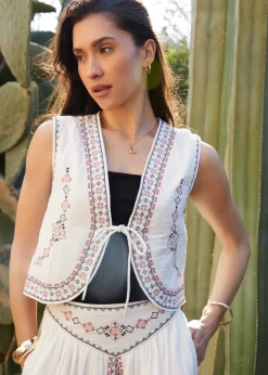 Threadbare Cream Embroidered Tie Front Waistcoat