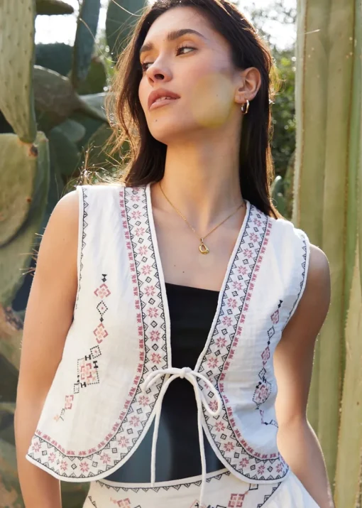 Threadbare Cream Embroidered Tie Front Waistcoat