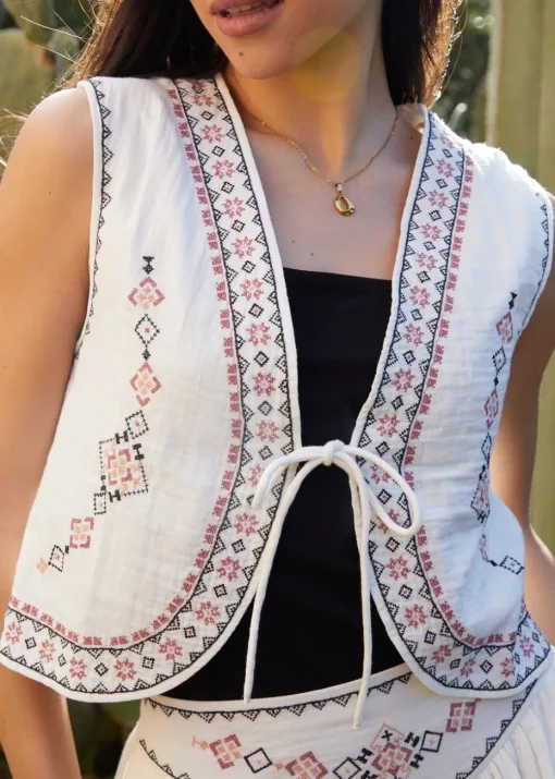 Threadbare Cream Embroidered Tie Front Waistcoat