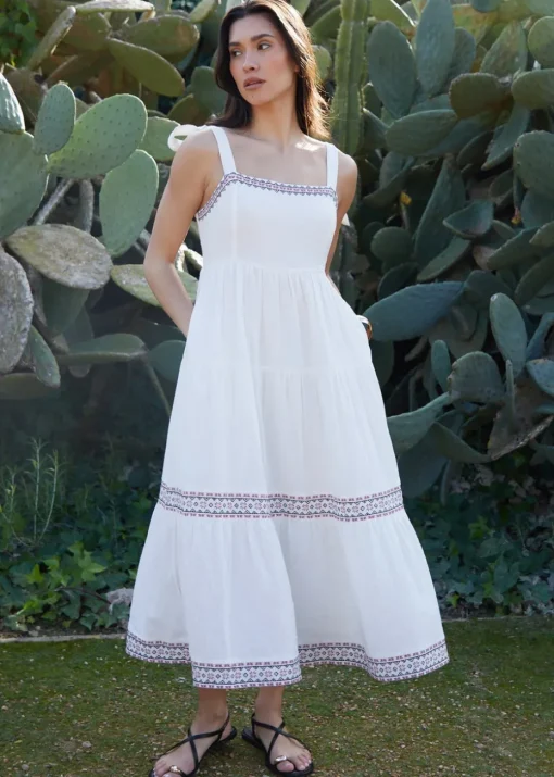 Threadbare Cream Embroidered Tiered Maxi Dress