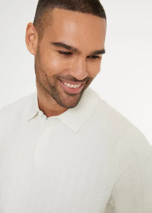 Threadbare Ecru Cotton Mix Short Sleeve Textured Knitted Polo Shirt