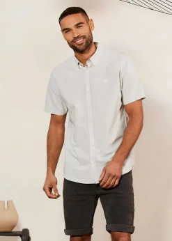 Threadbare Green Oxford Cotton Slim Fit Short Sleeve Shirt