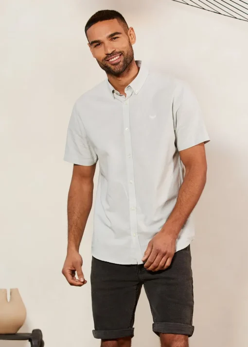 Threadbare Green Oxford Cotton Slim Fit Short Sleeve Shirt