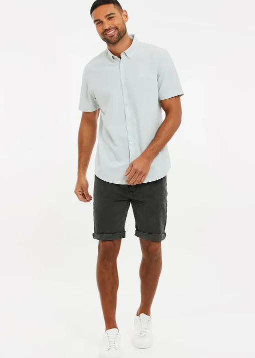 Threadbare Green Oxford Cotton Slim Fit Short Sleeve Shirt
