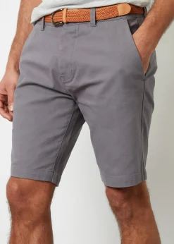 Threadbare Grey Cotton Turn-Up Chino Shorts with Woven Belt
