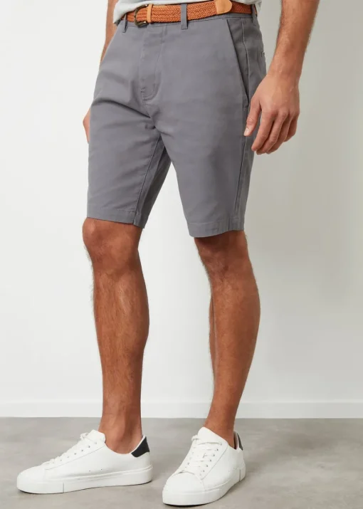 Threadbare Grey Cotton Turn-Up Chino Shorts with Woven Belt