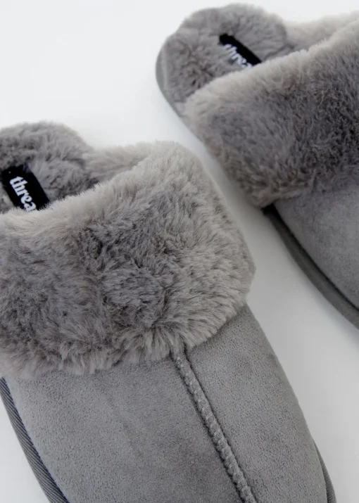Threadbare Grey Denver Faux Suede Faux Fur Lined Mule Slippers