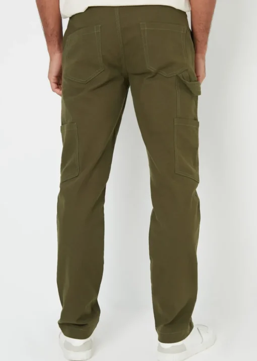 Threadbare Khaki Cotton Straight Leg Chino Cargo Trousers With Stretch
