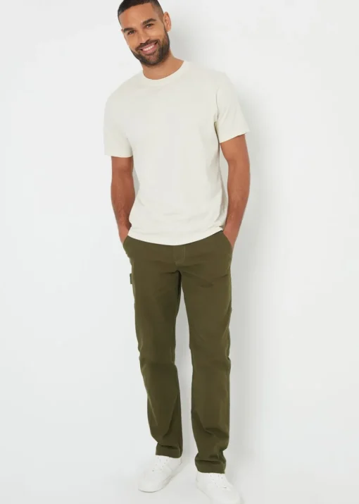 Threadbare Khaki Cotton Straight Leg Chino Cargo Trousers With Stretch
