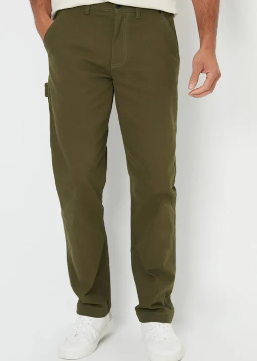 Threadbare Khaki Cotton Straight Leg Chino Cargo Trousers With Stretch