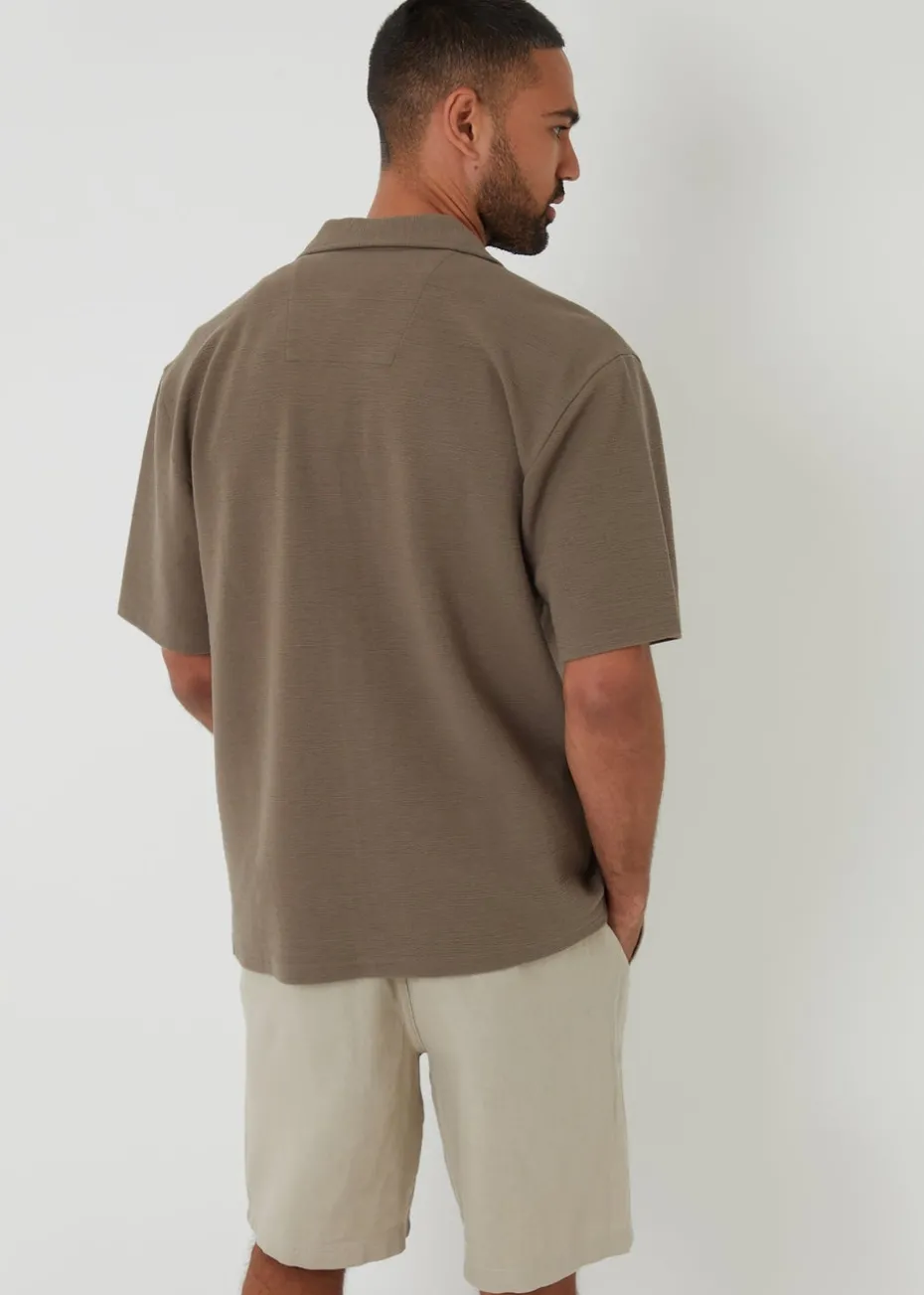Threadbare Khaki Embley Textured Revere Collar Short Sleeve Shirt