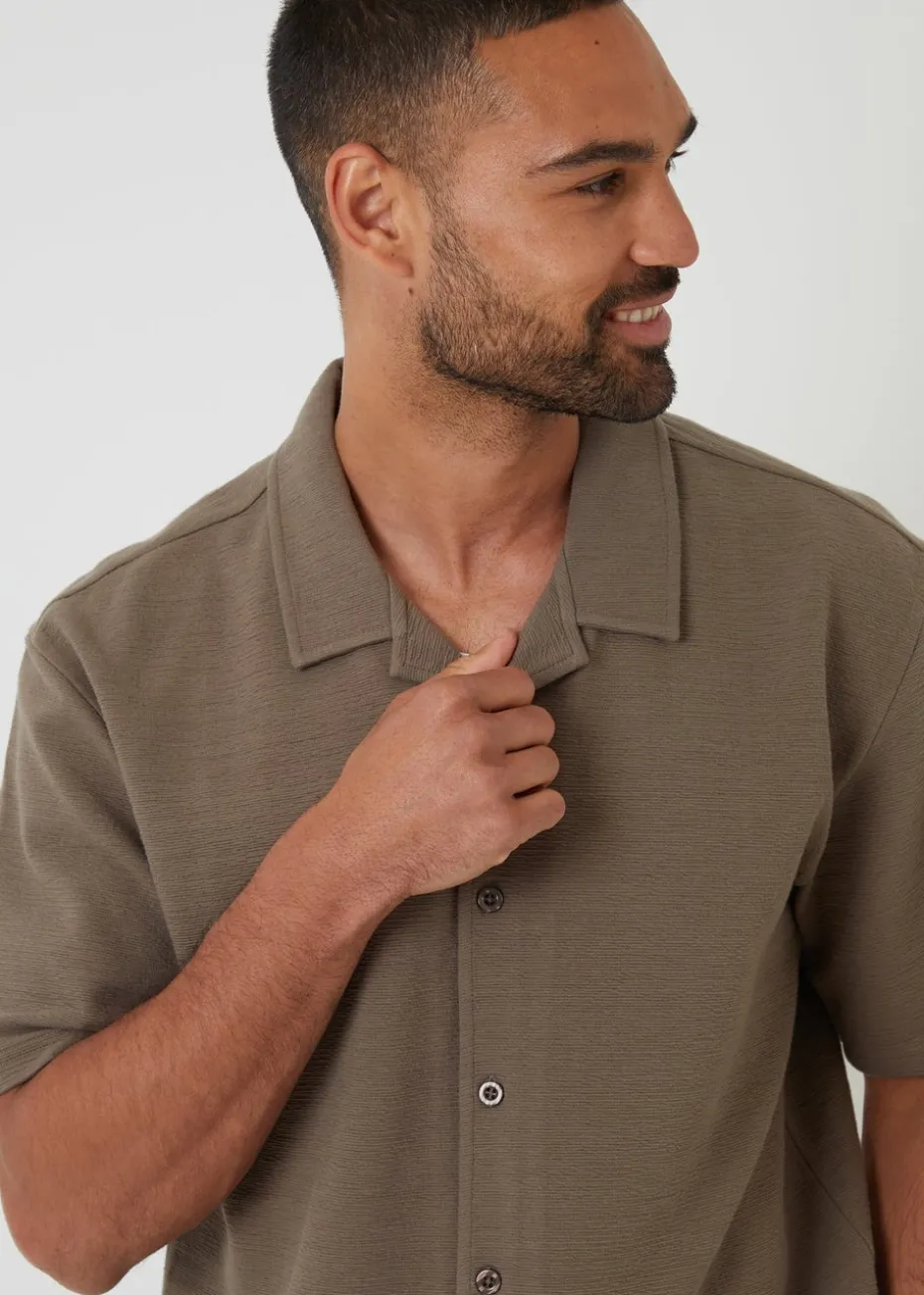 Threadbare Khaki Embley Textured Revere Collar Short Sleeve Shirt