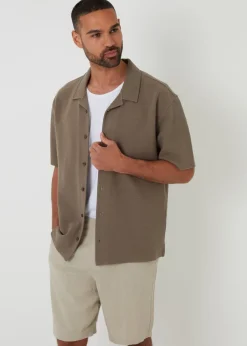 Threadbare Khaki Embley Textured Revere Collar Short Sleeve Shirt
