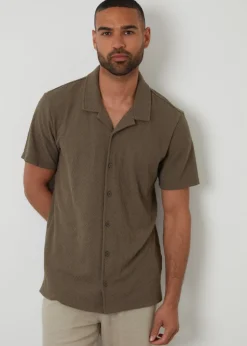 Threadbare Khaki Relaxed Fit Textured Revere Collar Shirt
