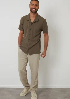 Threadbare Khaki Relaxed Fit Textured Revere Collar Shirt