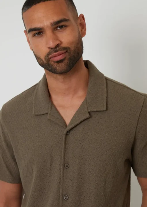 Threadbare Khaki Relaxed Fit Textured Revere Collar Shirt