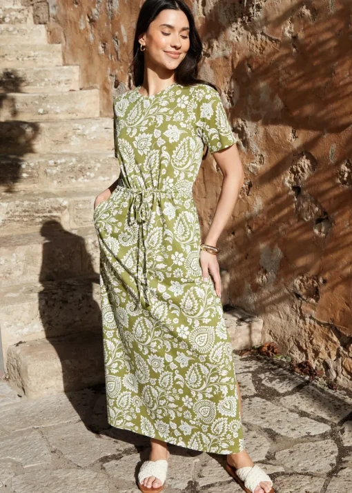 Threadbare Khaki Ruched Waist Jersey Midi Dress