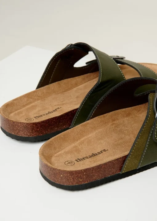Threadbare Khaki Slip On Two Buckle Strap Sandals