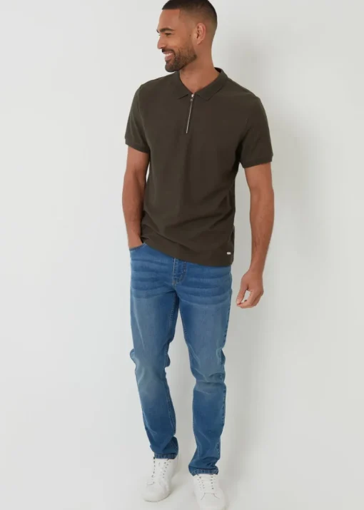 Threadbare Khaki Textured Cotton Quarter Zip Polo Shirt
