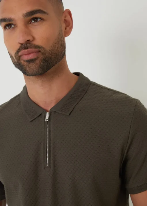 Threadbare Khaki Textured Cotton Quarter Zip Polo Shirt