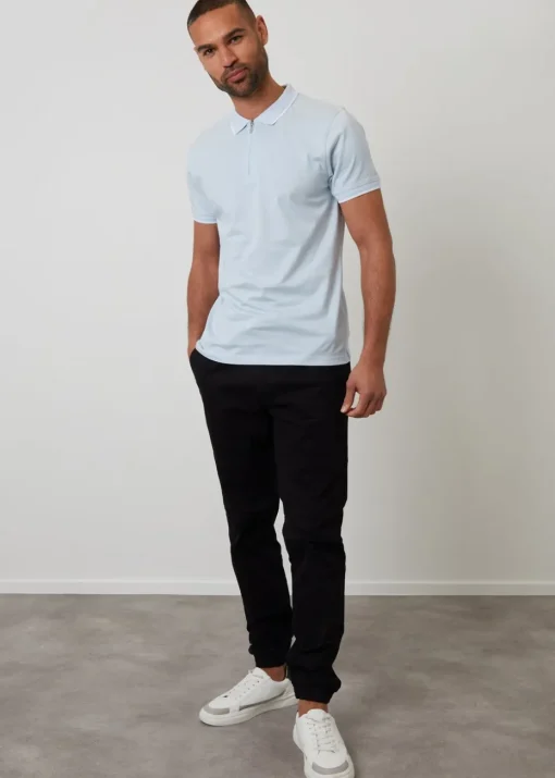 Threadbare Light Blue Birdseye Collar Quarter Zip Polo Shirt