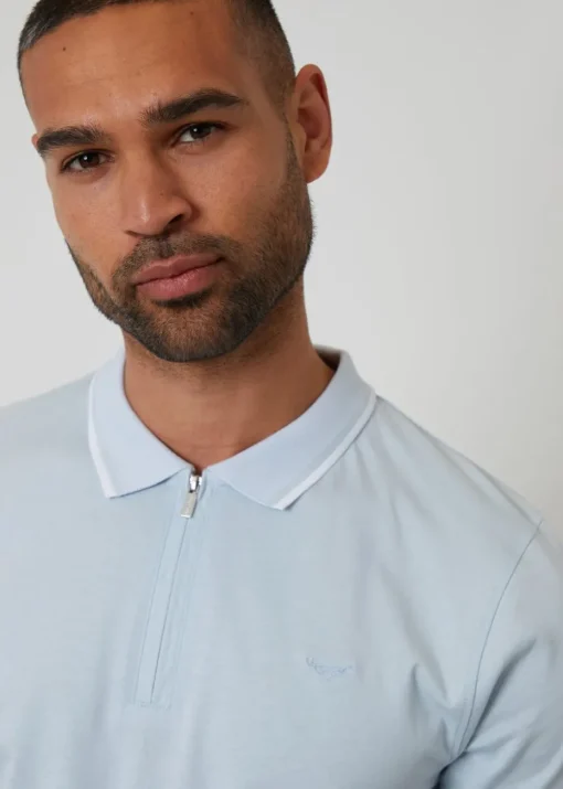 Threadbare Light Blue Birdseye Collar Quarter Zip Polo Shirt