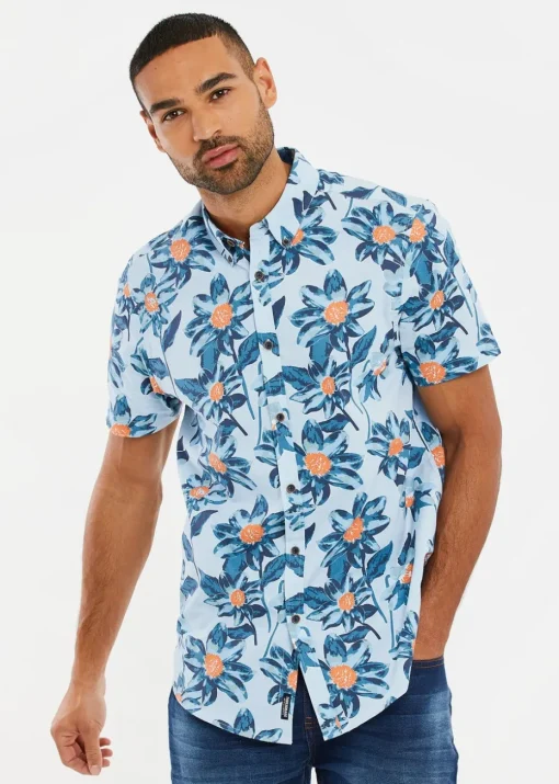 Threadbare Mint Cotton Tropical Print Short Sleeve Shirt