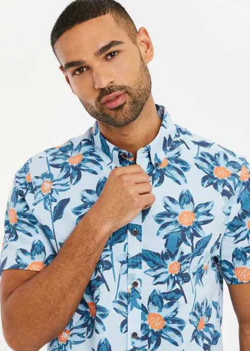 Threadbare Mint Cotton Tropical Print Short Sleeve Shirt