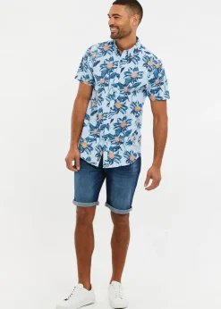 Threadbare Mint Cotton Tropical Print Short Sleeve Shirt