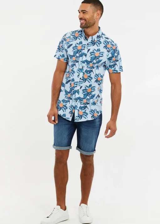 Threadbare Mint Cotton Tropical Print Short Sleeve Shirt