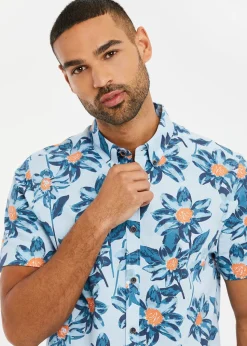 Threadbare Mint Cotton Tropical Print Short Sleeve Shirt