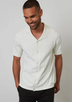 Threadbare Natural Textured Panel Revere Collar Knitted Shirt