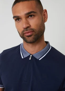 Threadbare Navy Birdseye Collar Quarter Zip Polo Shirt