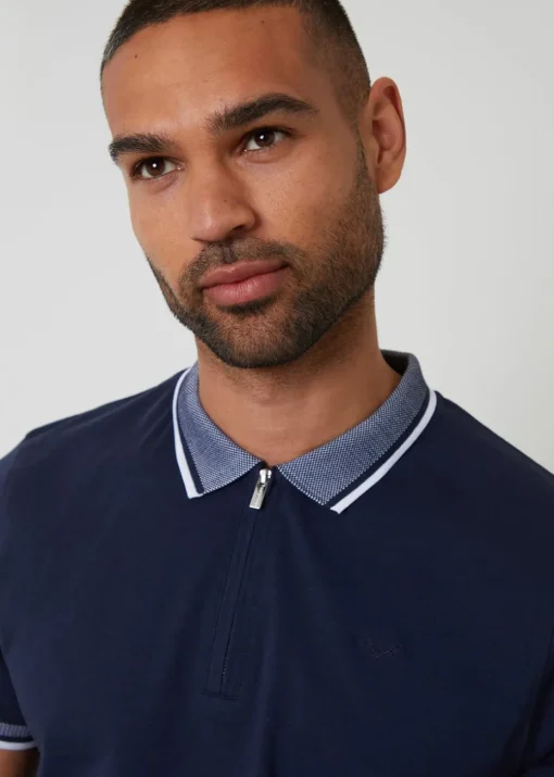 Threadbare Navy Birdseye Collar Quarter Zip Polo Shirt