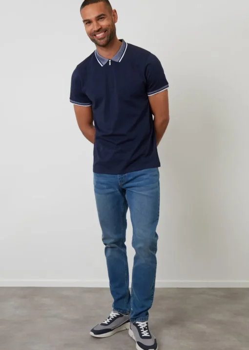 Threadbare Navy Birdseye Collar Quarter Zip Polo Shirt