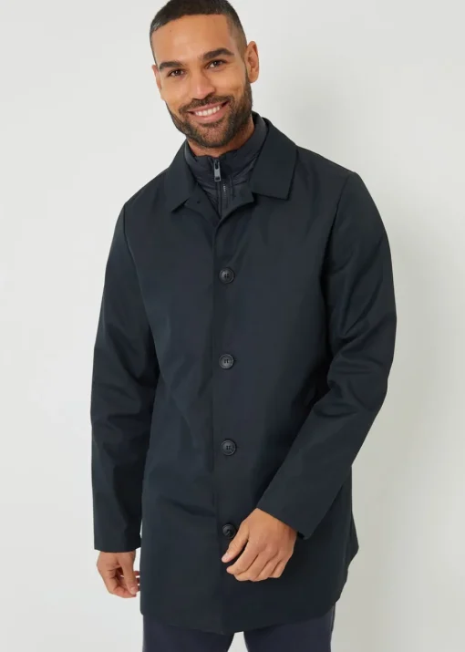 Threadbare Navy Collared Mock Layer Mac Coat