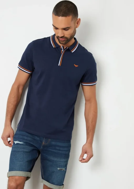 Threadbare Navy Contrast Tipping Cotton Jersey Polo Shirt