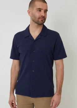 Threadbare Navy Cotton Pique Revere Collar Short Sleeve Shirt