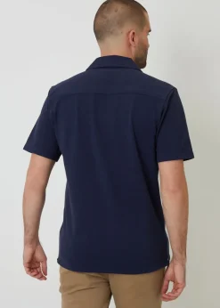 Threadbare Navy Cotton Pique Revere Collar Short Sleeve Shirt