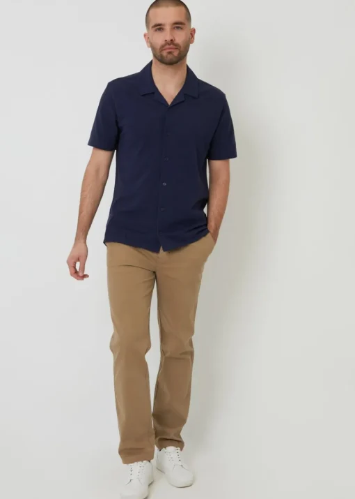 Threadbare Navy Cotton Pique Revere Collar Short Sleeve Shirt