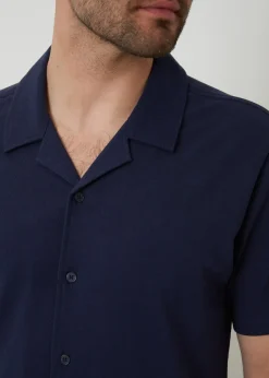 Threadbare Navy Cotton Pique Revere Collar Short Sleeve Shirt