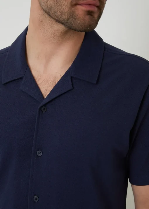 Threadbare Navy Cotton Pique Revere Collar Short Sleeve Shirt