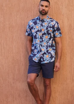 Threadbare Navy Cotton Tropical Print Short Sleeve Shirt