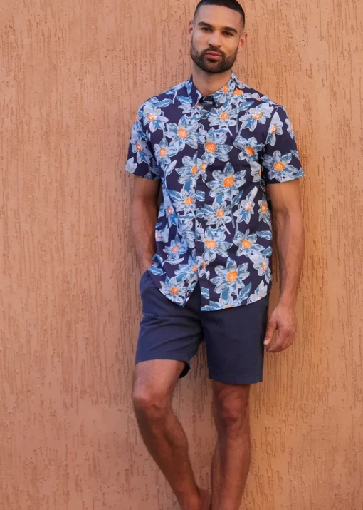 Threadbare Navy Cotton Tropical Print Short Sleeve Shirt
