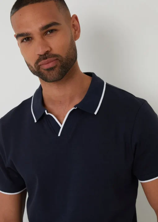 Threadbare Navy Cotton Trophy Neck Polo Shirt