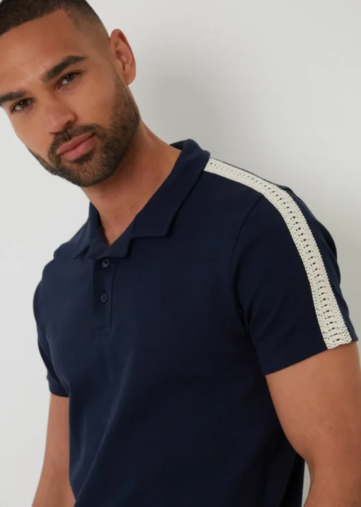 Threadbare Navy Crochet Detail Revere Collar Polo Shirt