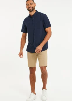 Threadbare Navy Dragon Cotton-Linen Blend Short-Sleeve Shirt
